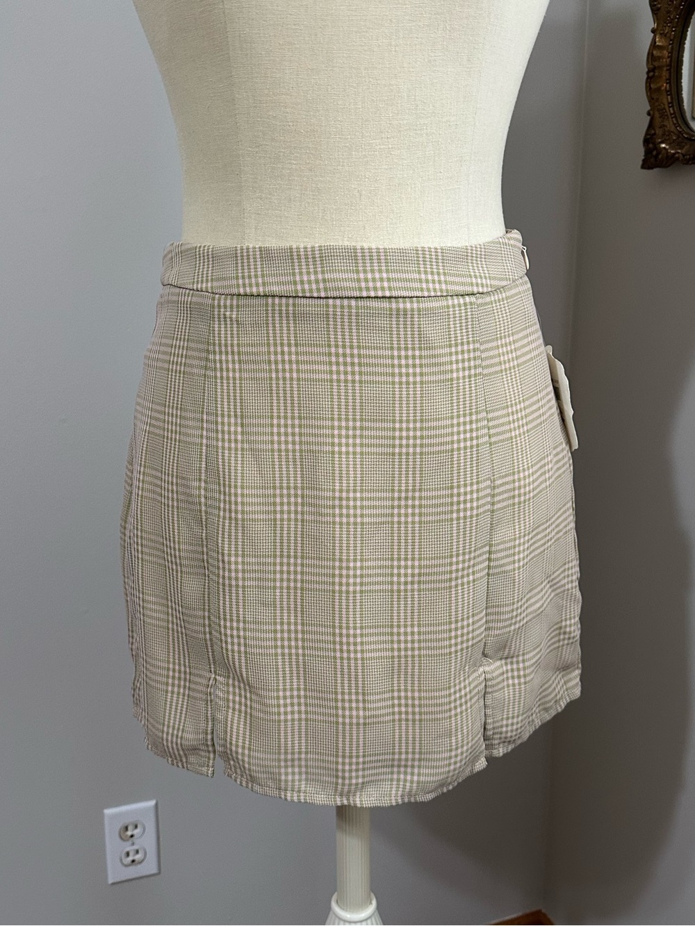 Altar'd State Light Pink Plaid Mini Skirt with Subtle Green Check